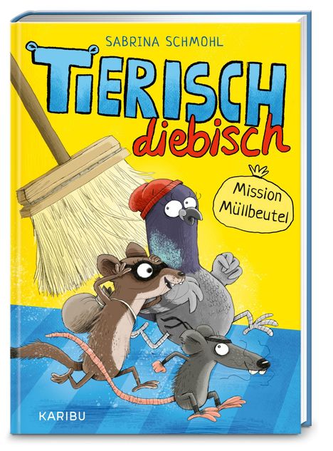 „Tierisch diebisch: Mission Müllbeutel“ steht auf einem gelben Buchcover mit drei cartoonartigen Tieren.