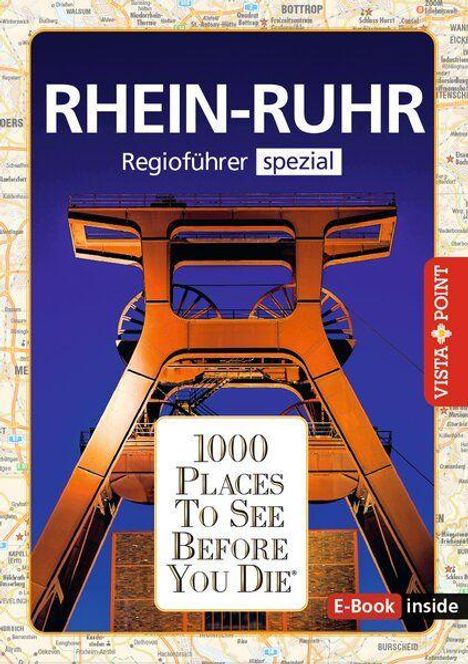 RHEIN-RUHR, Reiseführer über 1000 Orte. Illustration eines Industriegebäudes vor blauem Himmel.