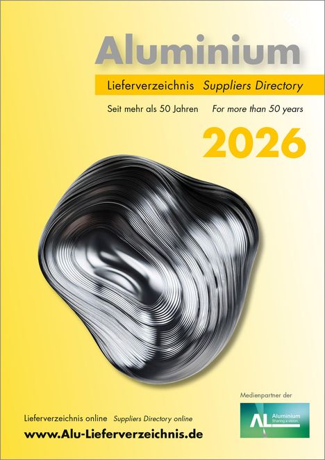 Titel: "Aluminium Lieferverzeichnis 2026". Gelber Hintergrund mit abstraktem Metallobjekt. Website unten.