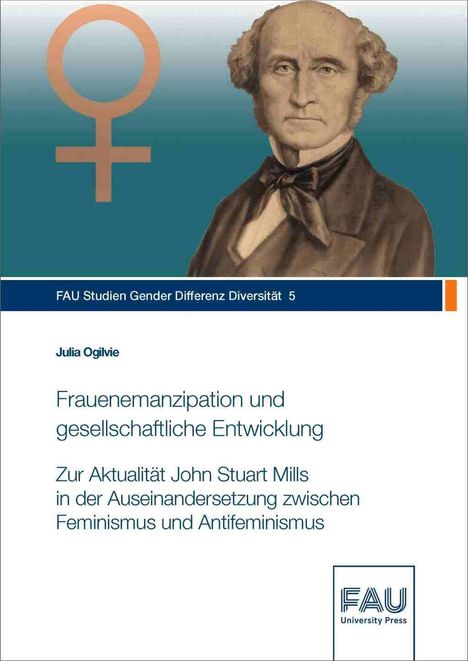 Covertext: "Frauenemanzipation und gesellschaftliche Entwicklung". Illustration mit Porträt eines Mannes und Symbol für Weiblichkeit.