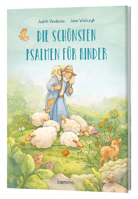 "Die schönsten Psalmen für Kinder" steht oben. Illustration: Ein alter Mann mit Kind und Schafen auf einer Blumenwiese.