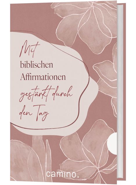 "Mit biblischen Affirmationen gestärkt durch den Tag." Pastellfarbenes florales Muster im Hintergrund.