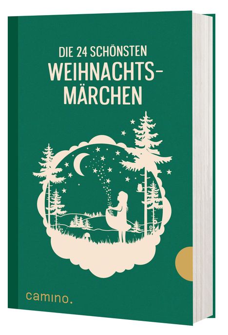 "Die 24 schönsten Weihnachtsmärchen" in Weiß auf grünem Hintergrund, mit einer Illustration von einem Mädchen, das Sterne hält.