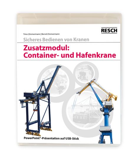 "Zusatzmodul: Container- und Hafenkrane" steht groß auf einem Buchcover. Zwei Bilder von Hafenkranen darunter.