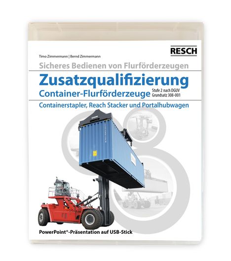 "Zusatzqualifizierung Container-Flurförderzeuge", Bild von rotem Stapler mit blauem Container.