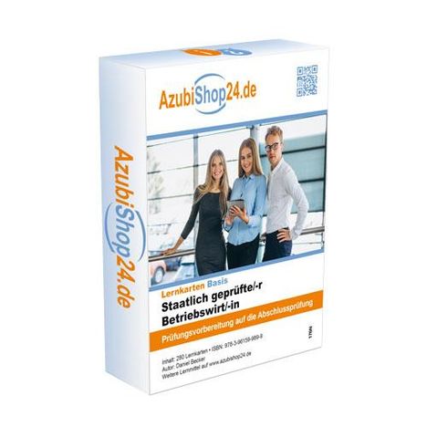 Verpackung mit dem Text: "AzubiShop24.de, Lernkarten Basis, Staatlich geprüfte/-r Betriebswirt/-in, Prüfungsvorbereitung."