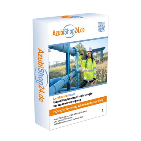 "Lernkarten Basis Umweltschutz für Wasserversorgung. AzubiShop24.de Logo. Person in Sicherheitskleidung bei Rohren."