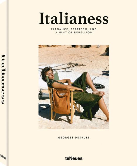 Titel: Italianess  
Untertitel: Elegance, Espresso, and a Hint of Rebellion  
Autor: Georges Desrues  
Frau entspannt am Strand.