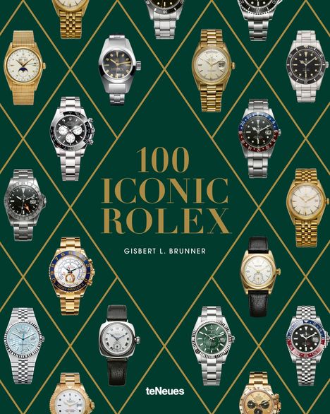 "100 ICONIC ROLEX" und "GISBERT L. BRUNNER". Verschiedene Rolex-Uhren in Rauten angeordnet auf dunkelgrünem Hintergrund.