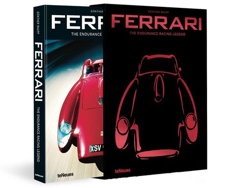 "FERRARI: THE ENDURANCE RACING LEGEND" von Günther Raupp. Cover zeigt ein rotes Auto und eine stilisierte Illustration.