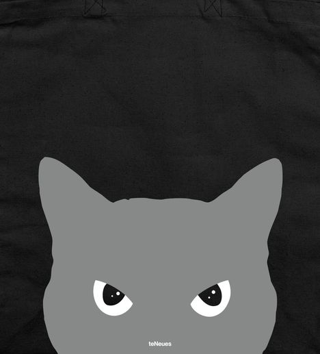 „teNeues“ unten. Illustration eines grauen Katzenkopfs mit großen, ausdrucksstarken Augen auf schwarzem Hintergrund.
