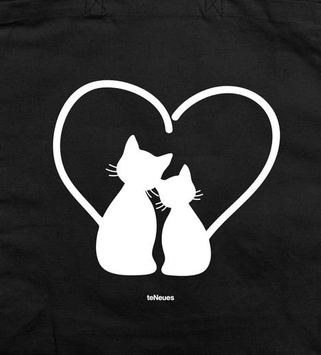 Text: „teNeues“. Silhouetten zweier Katzen, deren Schwänze ein Herz bilden, auf schwarzem Hintergrund.