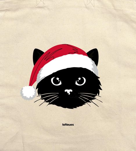 Text: "teNeues". Illustration: Ein schwarzer Katzenkopf mit Weihnachtsmütze auf beigem Hintergrund.