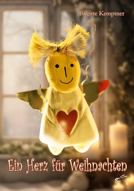 "Ein Herz für Weihnachten" und "Brigitte Kemptner". Illustration eines Engels mit rotem Herz, goldenem Haar und Flügeln.