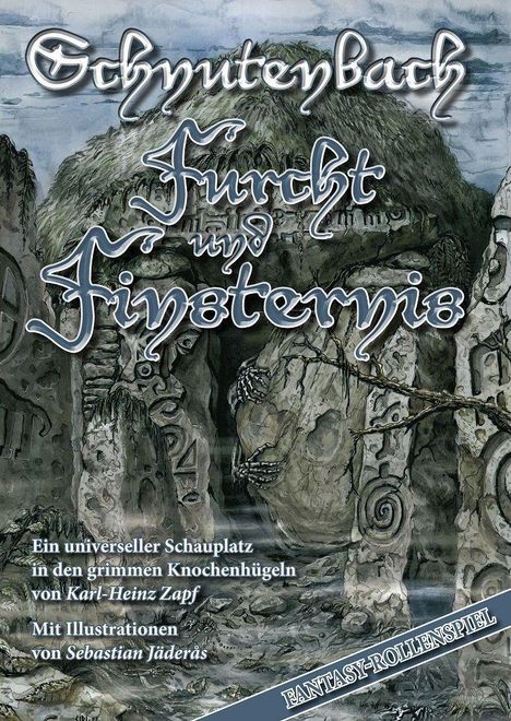 "Schmutzenbach - Furcht und Finsternis". Eine Landschaft mit Felsen und mystischen Gravuren. Fantasievolle Stimmung.