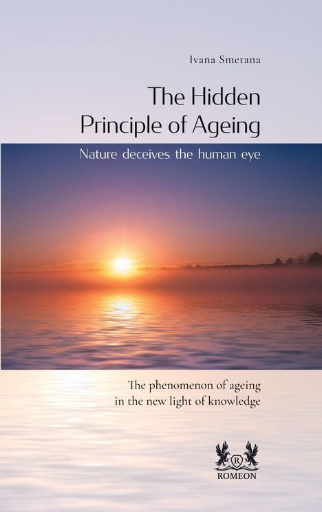 "Nature deceives the human eye. Sonnenaufgang über ruhigem Wasser, sanfte Nebelschleier am Horizont, Logo von ROMEON unten."