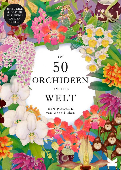 „In 50 Orchideen um die Welt“ steht in der Mitte, umgeben von bunten Orchideen-Illustrationen.