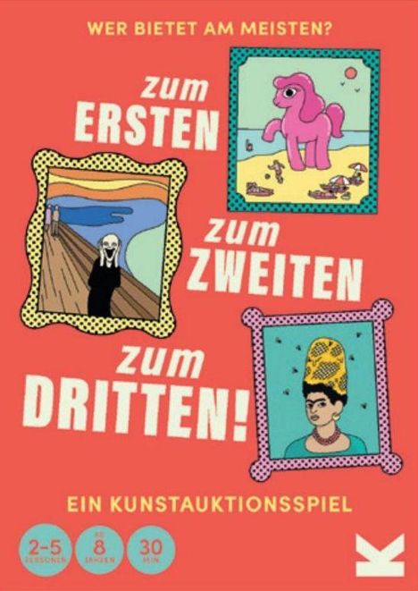 "Wer bietet am meisten? Zum Ersten, Zweiten, Dritten! Ein Kunstauktionsspiel." Drei gerahmte, bunte Illustrationen.