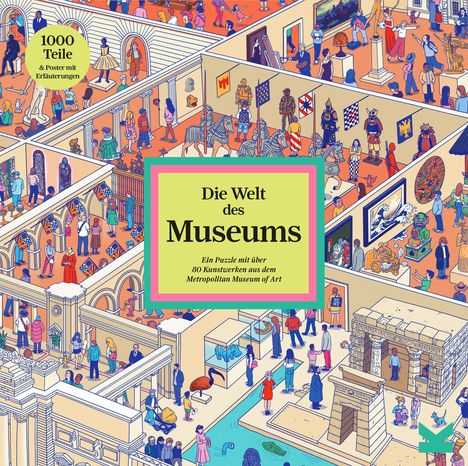 Text: „Die Welt des Museums. Ein Puzzle mit über 80 Kunstwerken aus dem Metropolitan Museum of Art.“  
Bunte Illustration eines geschäftigen Museums.  