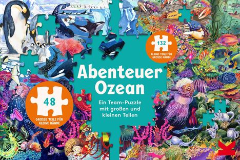 "Abenteuer Ozean", ein Team-Puzzle. 48 große und 132 kleine Teile. Illustrationen von Meerestieren und Pinguinen.