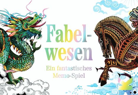 Text: „Fabelwesen. Ein fantastisches Memo-Spiel“. Links ein farbenfroher Drache, rechts ein kunstvoll verziertes Pferd.