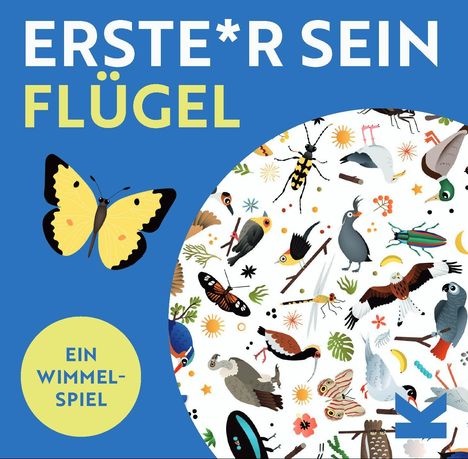 Text: "ERSTE*R SEIN FLÜGEL", "EIN WIMMEL-SPIEL". Illustration von Tieren und Insekten auf blauem Hintergrund.