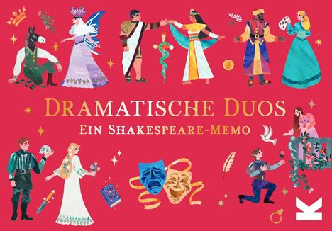 "Dramatische Duos: Ein Shakespeare-Memo" in goldener Schrift auf rotem Hintergrund, mit bunten Shakespeare-Figuren.