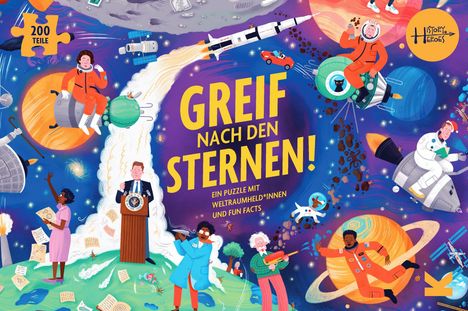 „GREIF NACH DEN STERNEN! Ein Puzzle mit Weltraumheld*innen und Fun Facts.“ Bunte Illustration mit Astronauten im Weltall.