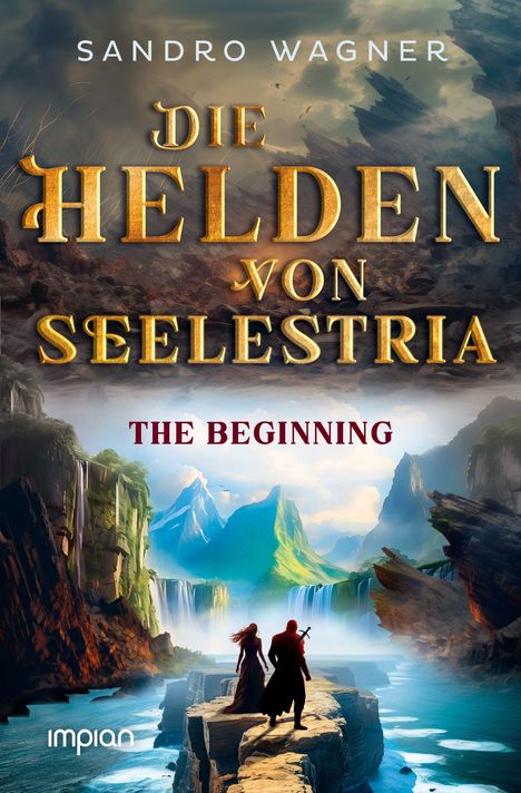 "Die Helden von Seelestria: The Beginning." Zwei Figuren vor einer Fantasielandschaft mit Wasserfällen und Bergen.