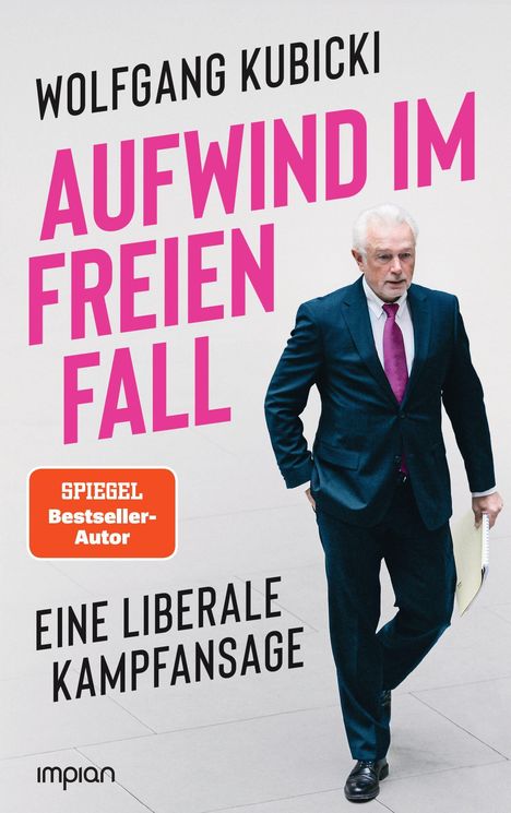 Der Text in fettem Pink lautet "AUFWIND IM FREIEN FALL". Ein älterer Mann im Anzug geht mit einem Ordner in der Hand.