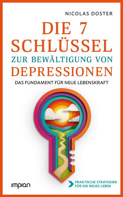"Die 7 Schlüssel zur Bewältigung von Depressionen" von Nicolas Doster. Illustration eines Schlüsselmotivs mit Landschaft.