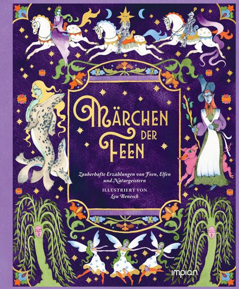 "Märchen der Feen" steht im Zentrum, umrahmt von Feen, Elfen auf Pferden und einem dunklen, sternenübersäten Hintergrund.