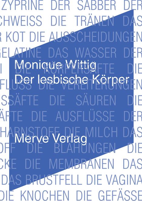 „Monique Wittig Der lesbische Körper Merve Verlag“ in weiß auf blauem Hintergrund, umgeben von medizinischen Begriffen.