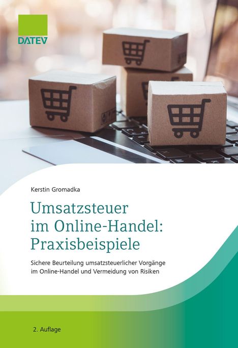„Umsatzsteuer im Online-Handel: Praxisbeispiele“. Kleinere Kartons mit Einkaufssymbol auf Laptop. DATEV-Logo oben links.