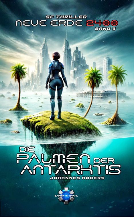 Text: „SF Thriller Neue Erde 2400 Band 3“, „Die Palmen der Antarktis“, „Johannes Anders“. Eine futuristische Landschaft.