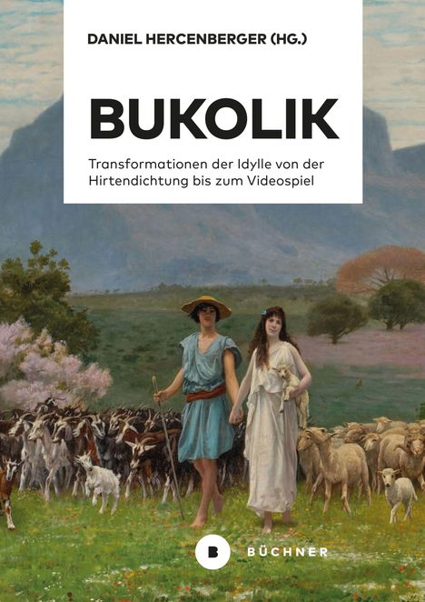 BUKOLIK: Transformationen der Idylle. Zwei Hirtengestalten laufen vor einer Schafherde in einer grünen Landschaft.