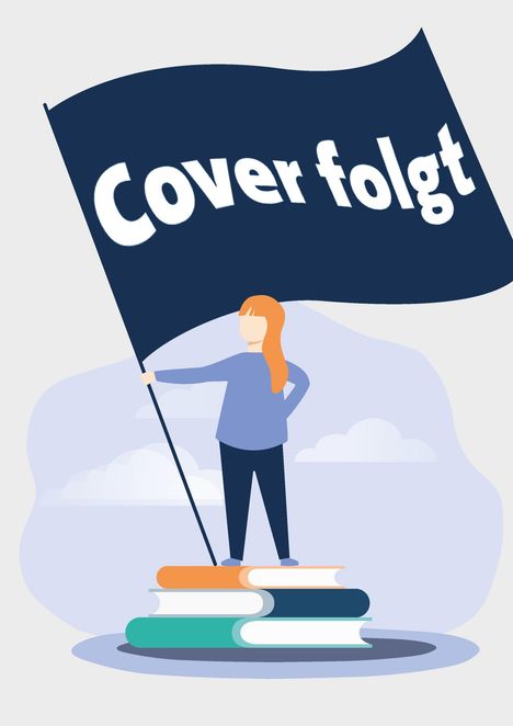 "Cover folgt" steht auf einer großen Fahne. Darunter eine Person auf Bücherstapeln.