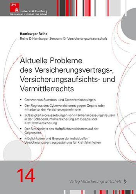 Titel: Aktuelle Probleme des Versicherungsvertrags-, Versicherungsaufsichts- und Vermittlerrechts. Unten Zahl 14. Oberes Logo der Universität Hamburg.