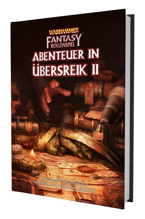 "Warhammer Fantasy Rollenspiel: Abenteuer in Übersreik II" auf dunkler, atmosphärischer Illustration mit mystischen Objekten.