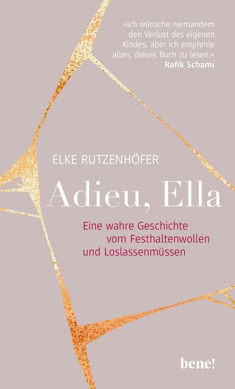 Zitat von Rafik Schami oben rechts. Titel: "Adieu, Ella". Beige Hintergrund, braune Muster, Logo unten rechts.