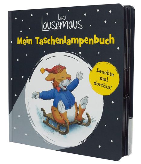 "Leo Lausemaus, Mein Taschenlampenbuch, Leuchte mal dorthin!" zeigt eine Illustration einer Maus auf einem Schlitten im Schnee.
