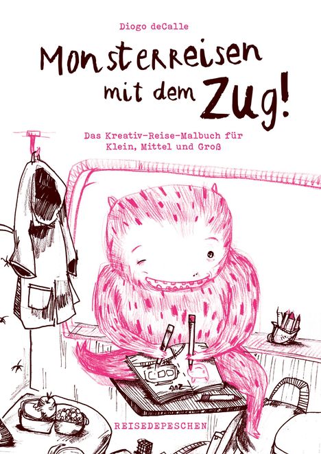 "Monsterreisen mit dem Zug! Das Kreativ-Reise-Malbuch für Klein, Mittel und Groß." zeigt ein lächelndes Monster im Zug.
