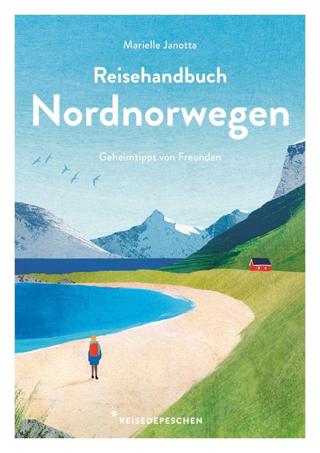 „Reisehandbuch Nordnorwegen“ von Marielle Janotta, Illustration: Küste mit Strand, Bergen, einem kleinen roten Haus und blauem Himmel.