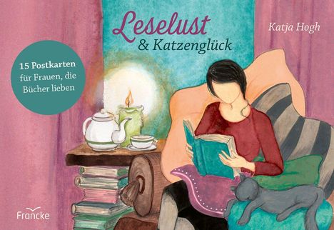 "Leselust & Katzenglück" von Katja Hogh. 15 Postkarten für Frauen, die Bücher lieben. Illustration: Frau liest mit Katze.