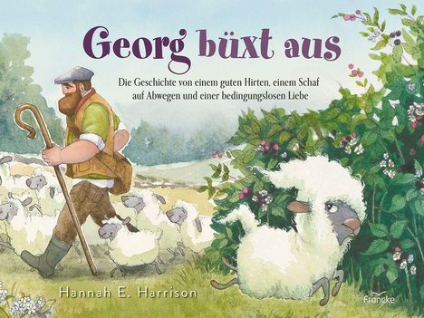 "Georg büxt aus" - Ein hügeliger Waldweg mit einem Hirten, der Schafe hütet; ein Schaf entkommt in Büsche.