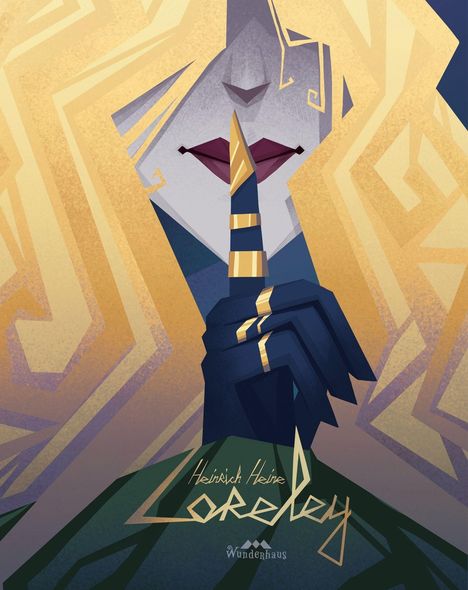Heinrich Heine, Loreley, Wunderhaus. Eine abstrakte Illustration einer Frau mit blonden Haaren und geschlossenen Lippen.