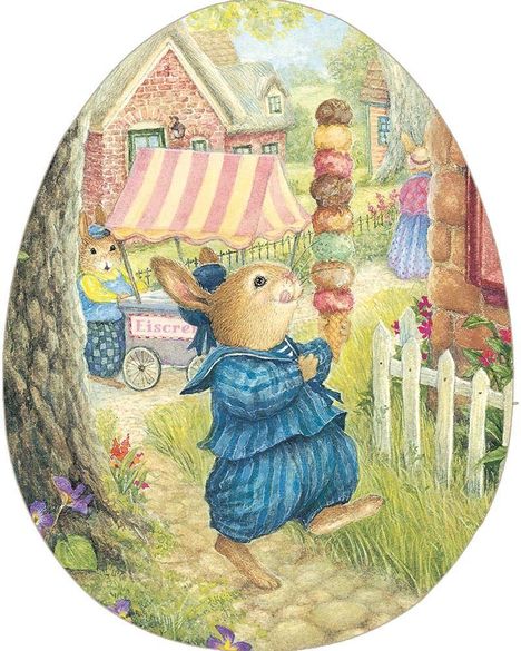 Text: "Eiscreme". Illustration eines Hasen in blauer Kleidung, der ein großes Eis trägt. Hintergrund mit Häuschen und Bäumen.