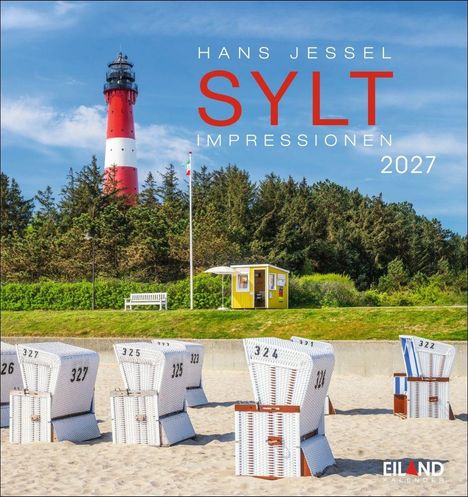 "HANS JESSEL SYLT IMPRESSIONEN 2027." Ein rot-weißer Leuchtturm hinter Strandkörben auf einem Sandstrand.