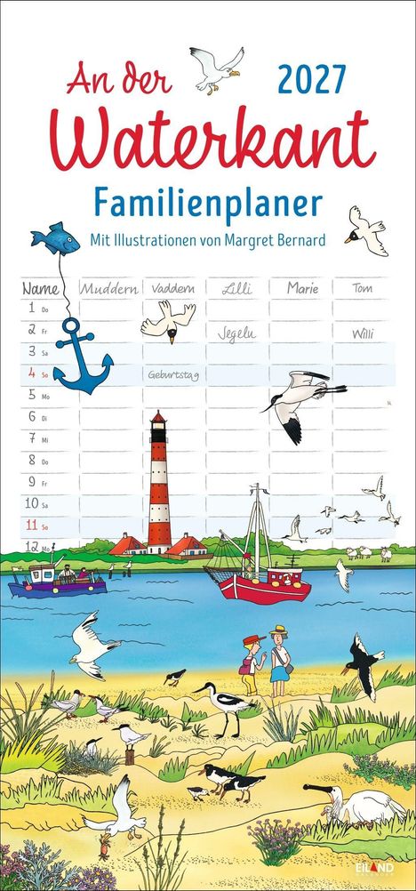 "An der Waterkant 2027 Familienplaner. Mit Illustrationen von Margret Bernard." Bunte Küstenillustration mit Vögeln.