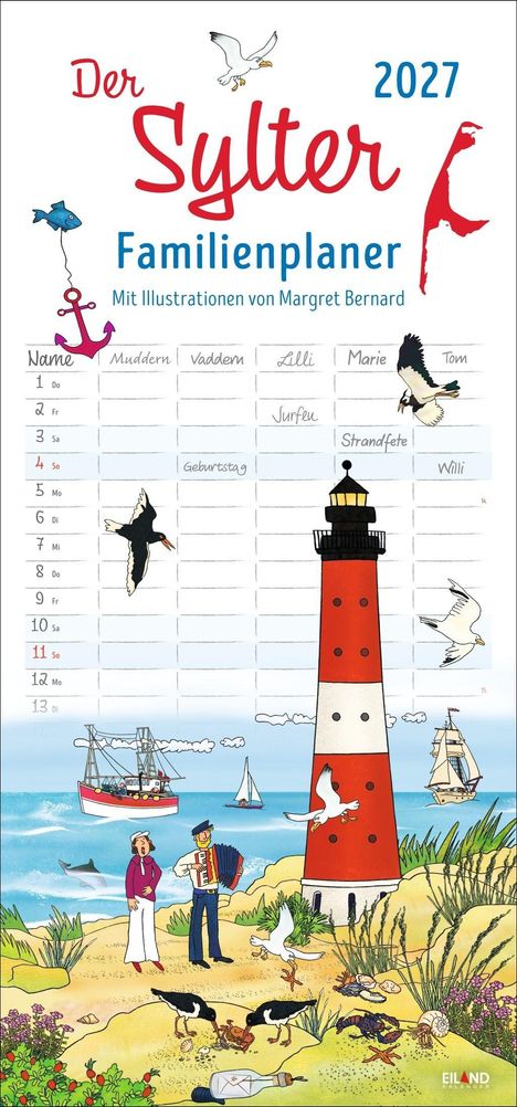 Ein Familienplaner für 2027 mit Illustrationen von Margret Bernard. Oben Möwen, unten ein Leuchtturm und Strand.